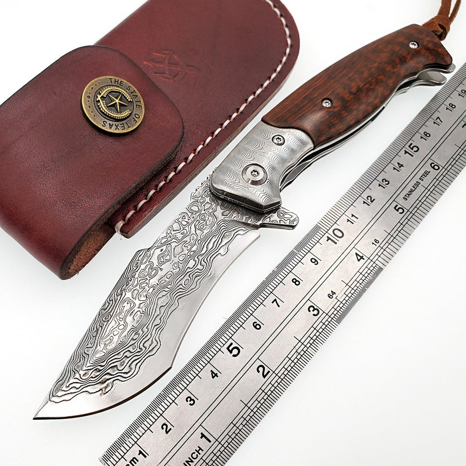 Handmade Snake Wood Damascus Steel Folding Knife